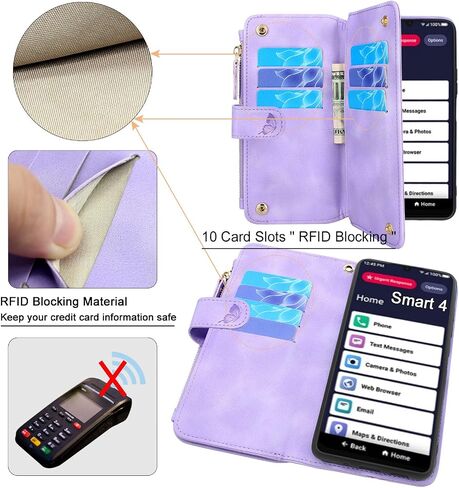 Lacass Case for Jitterbug Smart4,[Cards Theft Scan Protection] Card Holder Zipper Wallet Case Flip Leather Cover for Jitterbug Smart 4 (2023) for Seniors (aka Lively Smart) (Floral Blue Green) in Saudi Arabia