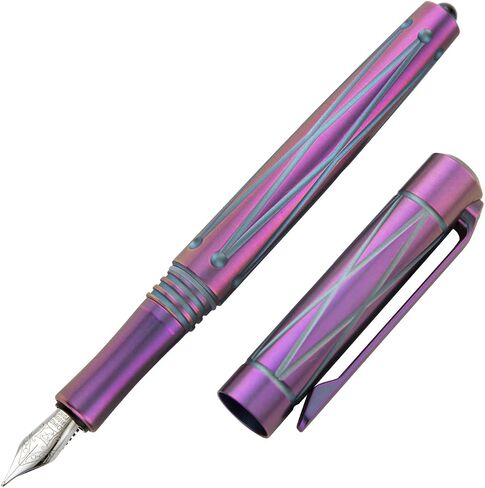 TACRAY Titanium Fountain Pen with Glass Breaker Tool, Deluxe Signature Fountain Pen with B point SCHMID Nib Made in Germany (w/o Ink), Purple Blue Fountain Pen Comes with Black Gift Box in Saudi Arabia