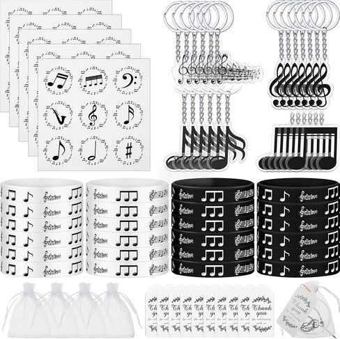 187 Pieces Music Party Favors with Music Notes Silicone Bracelets, Metal Musical Note Keychains, Round Label Stickers, Thank You Tags and Sheer Organza Bags for Music Theme Party Supplies Decorations in Saudi Arabia