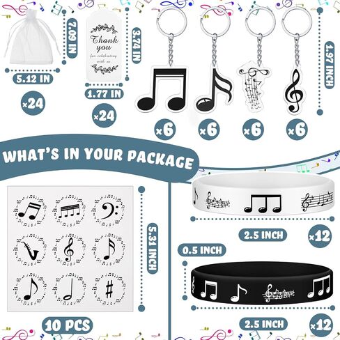 187 Pieces Music Party Favors with Music Notes Silicone Bracelets, Metal Musical Note Keychains, Round Label Stickers, Thank You Tags and Sheer Organza Bags for Music Theme Party Supplies Decorations in Saudi Arabia