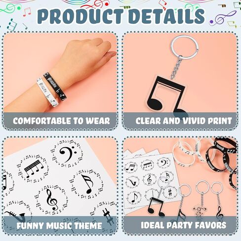 187 Pieces Music Party Favors with Music Notes Silicone Bracelets, Metal Musical Note Keychains, Round Label Stickers, Thank You Tags and Sheer Organza Bags for Music Theme Party Supplies Decorations in Saudi Arabia