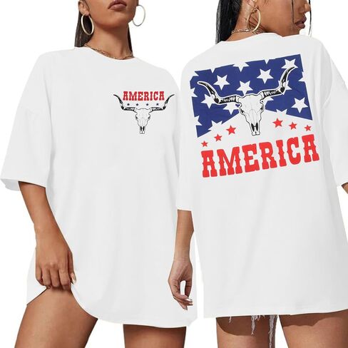 American Flag Shirt Womens Western Cow Skull Tshirt USA Patriotic Tee 4th of July Shirts Vintage America Oversize Tops in Kuwait
