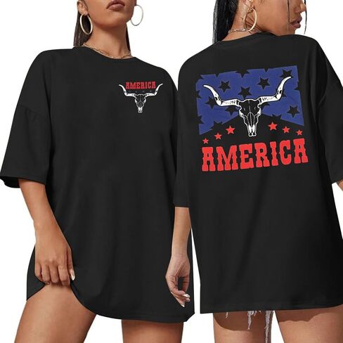 American Flag Shirt Womens Western Cow Skull Tshirt USA Patriotic Tee 4th of July Shirts Vintage America Oversize Tops in Kuwait