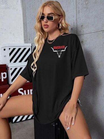 American Flag Shirt Womens Western Cow Skull Tshirt USA Patriotic Tee 4th of July Shirts Vintage America Oversize Tops in Kuwait