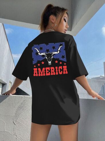 American Flag Shirt Womens Western Cow Skull Tshirt USA Patriotic Tee 4th of July Shirts Vintage America Oversize Tops in Kuwait
