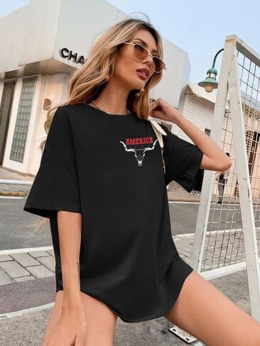 American Flag Shirt Womens Western Cow Skull Tshirt USA Patriotic Tee 4th of July Shirts Vintage America Oversize Tops in Kuwait