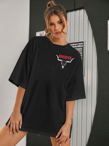 American Flag Shirt Womens Western Cow Skull Tshirt USA Patriotic Tee 4th of July Shirts Vintage America Oversize Tops in Kuwait