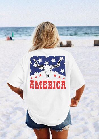 American Flag Shirt Womens Western Cow Skull Tshirt USA Patriotic Tee 4th of July Shirts Vintage America Oversize Tops in Kuwait