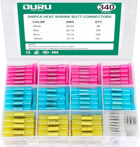 340 قطعة من موصلات المؤخرة المنكمشة بالحرارة، 26-10 AWG موصلات الأسلاك المنكمشة بالحرارة من الدرجة البحرية، مجموعة موصلات الأسلاك الكهربائية النحاسية الحمراء المعلبة، وصلة تجعيد معزولة مقاومة للماء in Kuwait