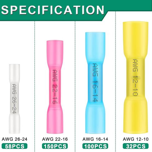 340 قطعة من موصلات المؤخرة المنكمشة بالحرارة، 26-10 AWG موصلات الأسلاك المنكمشة بالحرارة من الدرجة البحرية، مجموعة موصلات الأسلاك الكهربائية النحاسية الحمراء المعلبة، وصلة تجعيد معزولة مقاومة للماء in Kuwait