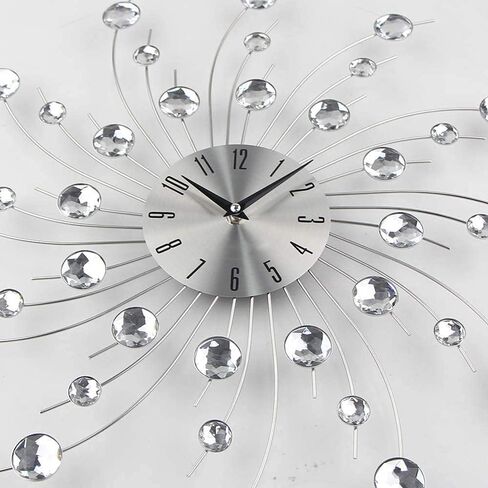 Timelike Modern 3D Crystal Wall Clock - Celebration Decorative Metal Wall Clock, Silver Mirror Sparkling Bling Diamond-Studded Wall Decor Clock Ideal for Living Room Bedroom Office (Silver) in Kuwait
