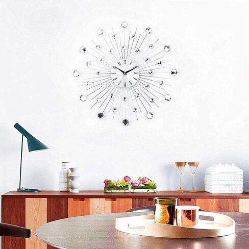 Timelike Modern 3D Crystal Wall Clock - Celebration Decorative Metal Wall Clock, Silver Mirror Sparkling Bling Diamond-Studded Wall Decor Clock Ideal for Living Room Bedroom Office (Silver) in Kuwait