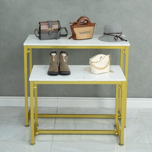 CIVANA Metal Shoe Handbag Display Stand, Nesting Tables 2 Piece Set, Imitation Marble Display Table for Retail Store, Display Riser Shelf for Boutique, Iron and Wood, Gold in Kuwait