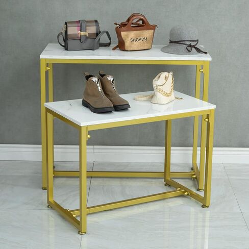 CIVANA Metal Shoe Handbag Display Stand, Nesting Tables 2 Piece Set, Imitation Marble Display Table for Retail Store, Display Riser Shelf for Boutique, Iron and Wood, Gold in Kuwait