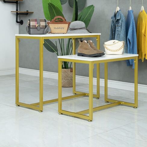 CIVANA Metal Shoe Handbag Display Stand, Nesting Tables 2 Piece Set, Imitation Marble Display Table for Retail Store, Display Riser Shelf for Boutique, Iron and Wood, Gold in Kuwait