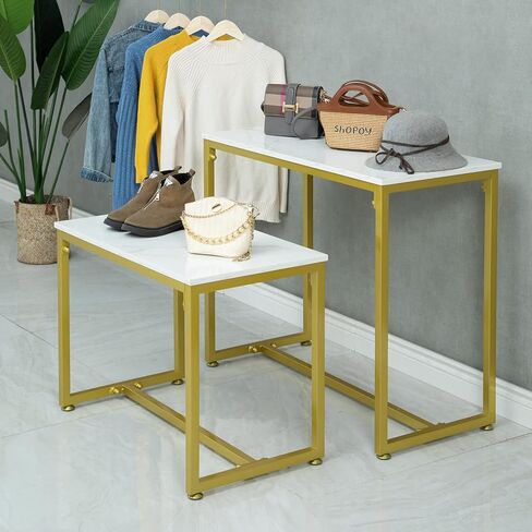 CIVANA Metal Shoe Handbag Display Stand, Nesting Tables 2 Piece Set, Imitation Marble Display Table for Retail Store, Display Riser Shelf for Boutique, Iron and Wood, Gold in Kuwait