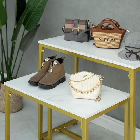 CIVANA Metal Shoe Handbag Display Stand, Nesting Tables 2 Piece Set, Imitation Marble Display Table for Retail Store, Display Riser Shelf for Boutique, Iron and Wood, Gold in Kuwait