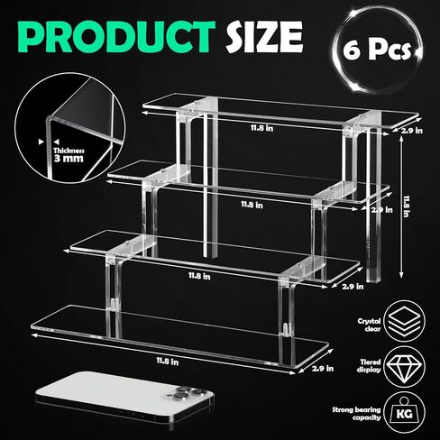 6 Pcs Acrylic Tiered Display Stand 4 Tier 12 Inch Display Riser Perfume Display Stand Large Clear Organizer Shelf for Toys Figures Shot Glasses Cologne Makeup Collectibles Dessert Cupcake in Saudi Arabia