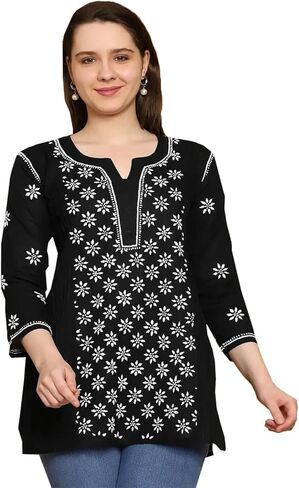 Ada Indian Hand Embroidered Chikankari Cotton Short Top Tunic Kurti Shirt for Women A911290 in Kuwait