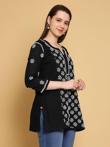Ada Indian Hand Embroidered Chikankari Cotton Short Top Tunic Kurti Shirt for Women A911290 in Kuwait