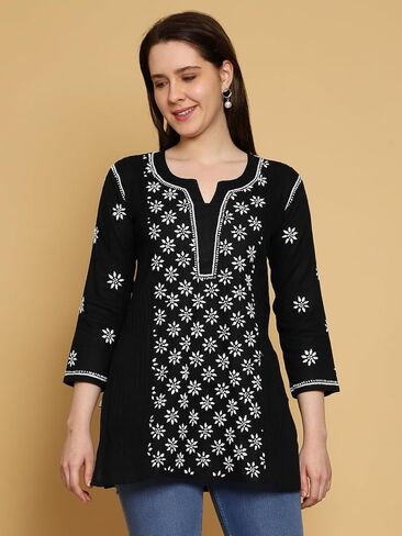 Ada Indian Hand Embroidered Chikankari Cotton Short Top Tunic Kurti Shirt for Women A911290 in Kuwait