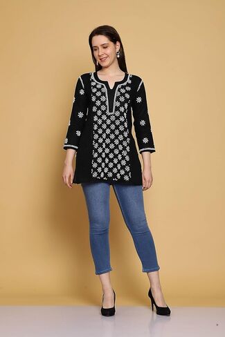 Ada Indian Hand Embroidered Chikankari Cotton Short Top Tunic Kurti Shirt for Women A911290 in Kuwait