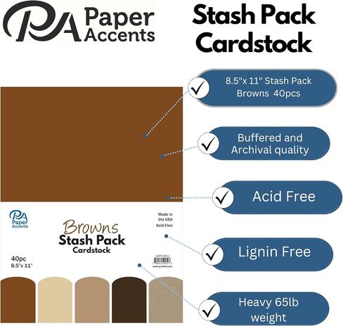PA Paper Accents Stash Pack Cardstock Pack 8.5" x 11" Browns, colored cardstock paper for card making, scrapbooking, printing, quilling and crafts, 65lb., 40 pieces in Saudi Arabia
