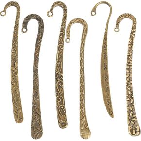 SUNNYCLUE 12Pcs Hook Bookmarks Bulk Tibetan Style Antique Bronze Bookmark Hooks Blanks Flower Carved Hairpin Stripe Metal Book Marks Double Sided Vintage Bookmarks with Loop for Beading Crafting