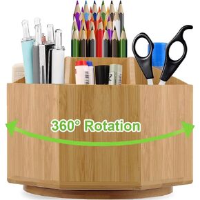 Bamboo Pen Holder Organizer Desktop Pen Box, 360-Degree Rotating Pencils Holder Stand Art Supply Desk Organizer for Marker Pens, Colored Pencil, Art Brushes, Crayon