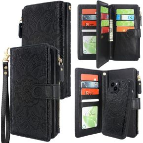 Harryshell Compatible with iPhone 14 6.1 inch 5G 2022 Wallet Case Detachable Magnetic Cover Zipper Cash Pocket Multi Card Slots Holder Wrist Strap Lanyard (Floral Black)