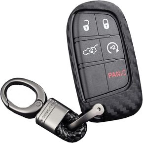 Soft Silicone Rubber Carbon Fiber Texture Case Key Fob Cover For Jeep Compass Grand Cherokee/For Dodge Challenger Charger/For Chrysler 200 300/For Fiat 500 Car Key - Black - Weave Keychain