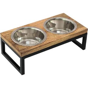 Elevated Pet Feeder for Dogs and Cats - The Bali Carved Wood Pet Feeding Stand with Two Stainless Steel Bowls - Three Heights Adjustable Raised Dog Bowl - Food Water Pet Feeding Station - IRONGATE