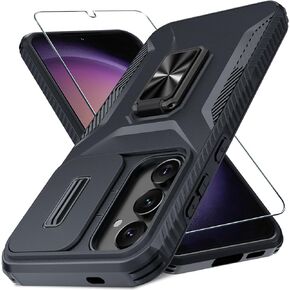for Samsung Galaxy S24 FE Case with Tempered Glass Screen Protector and Camera Lens Cover,Rotated Ring Stable Kickstand,Heavy Duty Shockproof Protective Phone Cover-Black