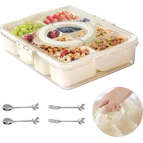 Snackle Box Container: Veggie Fruit Storage Containers for Fridge, Snack Divided Serving Tray with Lid and Handle, Great For Kitchen, Party, Picnic, Travel, 4 Compartments