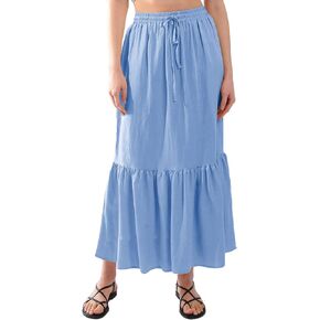 Amazhiyu Womens Linen Blend Tiered Elastic High Waist Swing Ruffle Maxi Skirt