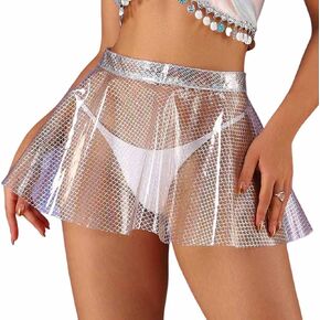 GRAEEN Women‘s Flared Pleated Skirts Sparkly See Through Mini Skirt High Waisted Clubwear Skirt Novelty Clear Skirt for Women