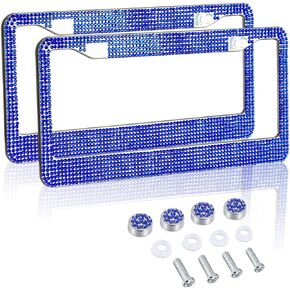 2 Pack License Plate Frames: Stainless Steel Handcrafted Sapphire Bling Rhinestone Car Plate Frame with 4pcs Crystal Screw Caps & 4pcs Washers