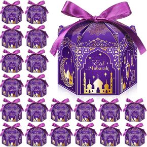 Funrous Eid Al Fitr Boxes, 48 Pieces Reusable Card Paper Boxes with Blue Satin Ribbons & Adhesive Dots, Eid Mubarak Decorations for Muslim Party Supplies & Gifts Packing