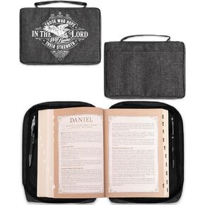 Christian Art Gifts Polyester Bible Cover with Zippered Pocket and Pen Storage for Men and Women: Hope in The Lord - Isaiah 40:31 Inspirational Bible Verse, Charcoal Gray, Large