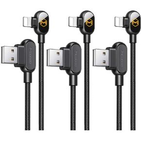 (3 Pack) USB 90 Degree Right Angle Design Gaming iPhone LED Nylon Braided Sync Charge Double Size USB Data 6FT/1.8M Cable Compatible New Phone/Pad Pro/Air,Pad Mini,Pod