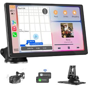 9'' Wireless Apple Carplay Screen & Android Auto with Backup Camera, Portable Car Stereo, GPS Navigation, Car Audio Receivers, Bluetooth Handsfree Call/Music, Mirror Link, Voice Control,AUX,FM