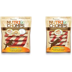 مضغ NutriChomps للكلاب - 6 بوصات، سهل الهضم، علاجات للكلاب خالية من الجلود الخام، صحية، 12 قطعة، دجاج حقيقي، زبدة الفول السوداني ونكهات الحليب