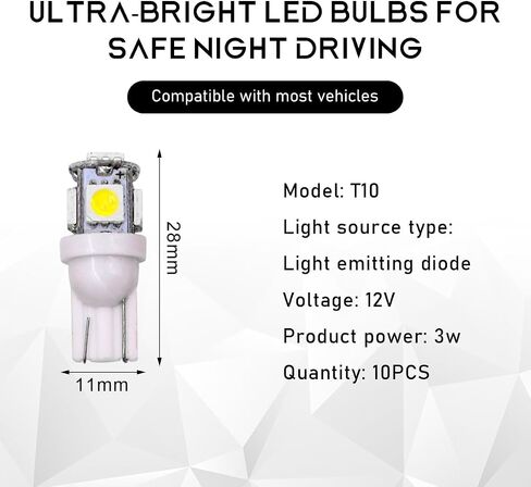 10 قطع لمبة إضاءة LED للسيارة، فائقة السطوع T10 5050 LED لمبة إضاءة داخلية تلقائية، استبدال لمبة LED للوحة القيادة وقبة خريطة لوحة ترخيص الباب، وإضاءة ملحقات السيارة (أبيض) in Kuwait