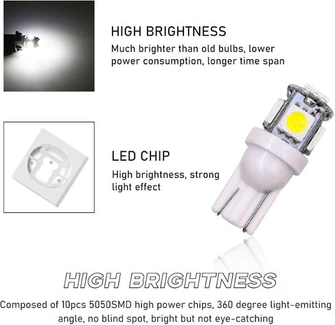 10 قطع لمبة إضاءة LED للسيارة، فائقة السطوع T10 5050 LED لمبة إضاءة داخلية تلقائية، استبدال لمبة LED للوحة القيادة وقبة خريطة لوحة ترخيص الباب، وإضاءة ملحقات السيارة (أبيض) in Kuwait