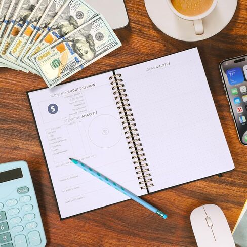 مخطط الميزانية، كتاب الميزانية الشهرية 2024-2025 مع متتبع النفقات والادخار A5 مخطط مالي غير مؤرخ لإدارة أموالك 6.3 بوصة × 8.46 بوصة، أسود in Kuwait