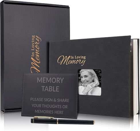JIMBON Funeral Guest Book with Leather Cover,Cover Can Be Inserted with Images,Funeral Guest Book for Memorial Service 88 Pages,Celebration of Life Guest Book with A Memory Table Sign & Pocket in Saudi Arabia
