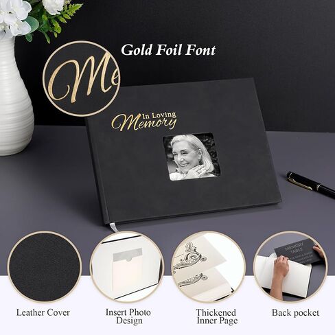 JIMBON Funeral Guest Book with Leather Cover,Cover Can Be Inserted with Images,Funeral Guest Book for Memorial Service 88 Pages,Celebration of Life Guest Book with A Memory Table Sign & Pocket in Saudi Arabia