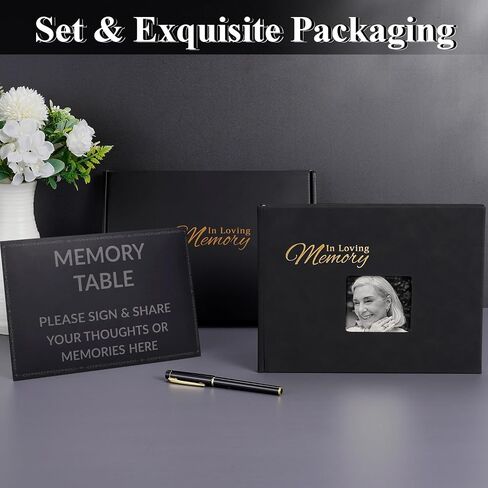 JIMBON Funeral Guest Book with Leather Cover,Cover Can Be Inserted with Images,Funeral Guest Book for Memorial Service 88 Pages,Celebration of Life Guest Book with A Memory Table Sign & Pocket in Saudi Arabia