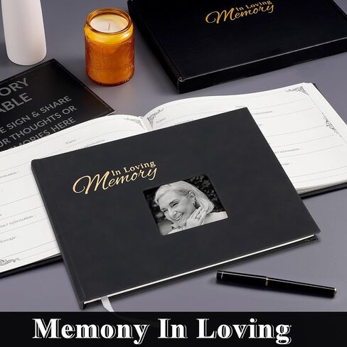 JIMBON Funeral Guest Book with Leather Cover,Cover Can Be Inserted with Images,Funeral Guest Book for Memorial Service 88 Pages,Celebration of Life Guest Book with A Memory Table Sign & Pocket in Saudi Arabia