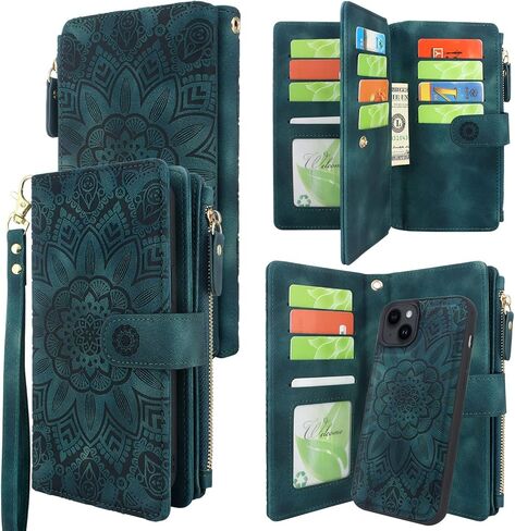 Harryshell Compatible with iPhone 14 6.1 inch 5G 2022 Wallet Case Detachable Magnetic Cover Zipper Cash Pocket Multi Card Slots Holder Wrist Strap Lanyard (Floral Black) in Kuwait